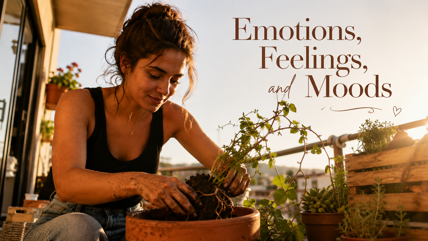 Young woman repotting a plant on a sunlit apartment balcony at golden hour, with the title “Emotions, Feelings, and Moods” overlaid above her.